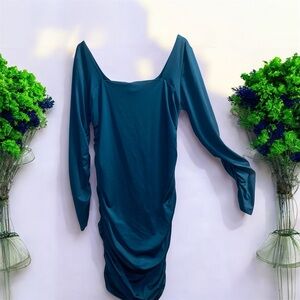XXL teal long sleeve ruched bodycon dress with a square neckline